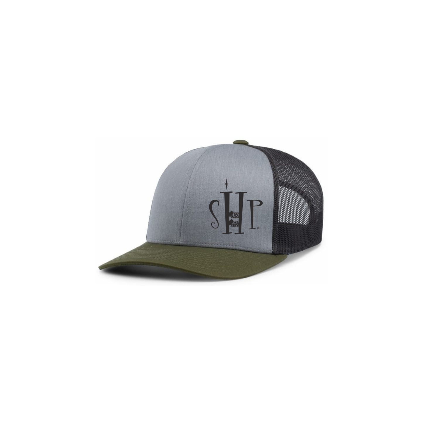 Trucker Snapback Hat w/ Embroidery (MILITARY GREEN/HEATHER GREY/CHARCOAL) - SHP Logo