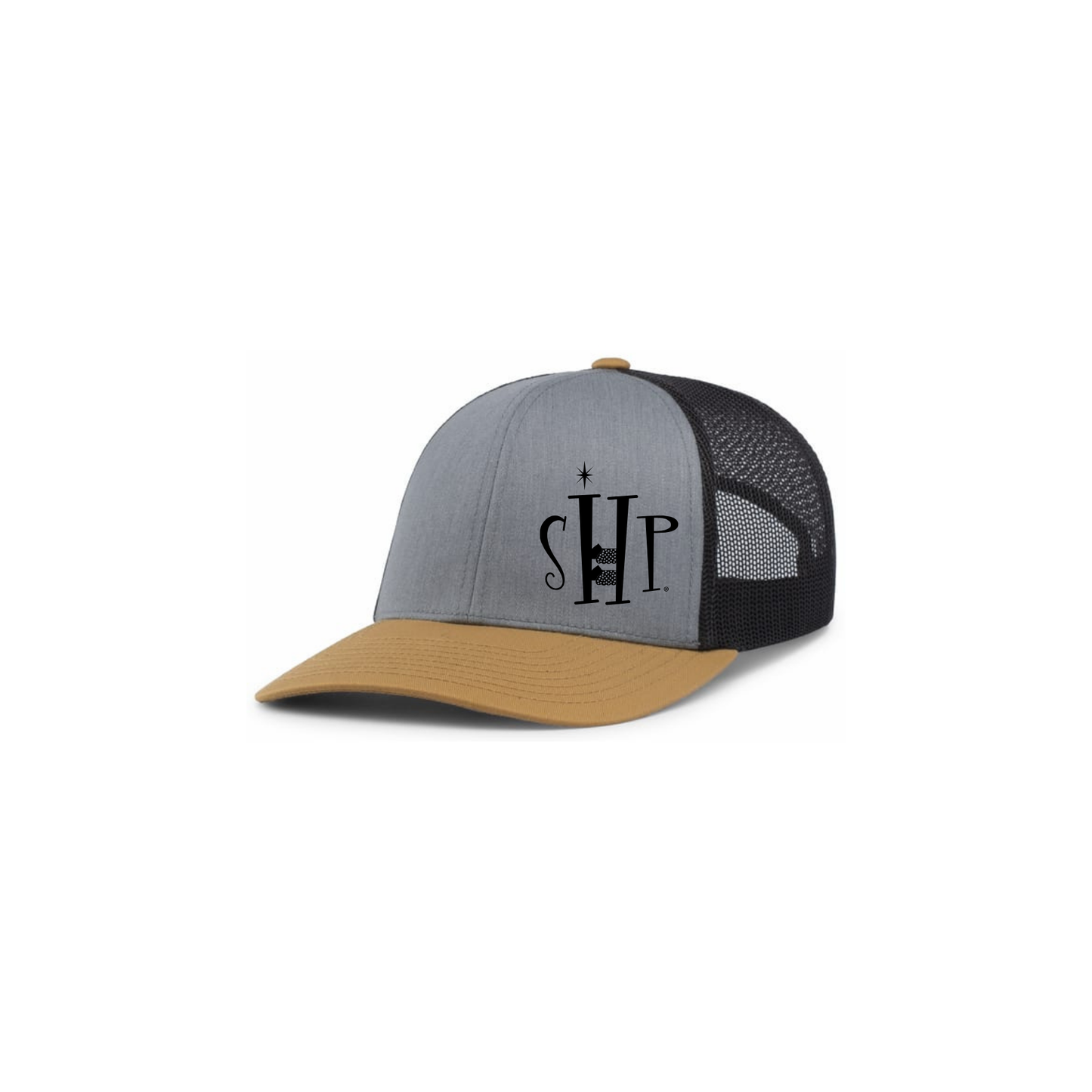 Trucker Snapback Hat w/ Embroidery (AMBER GOLD/HEATHER GREY) - SHP Logo