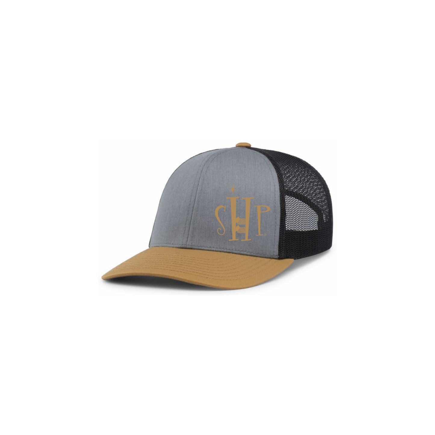 Trucker Snapback Hat w/ Embroidery (AMBER GOLD/HEATHER GREY) - SHP Logo