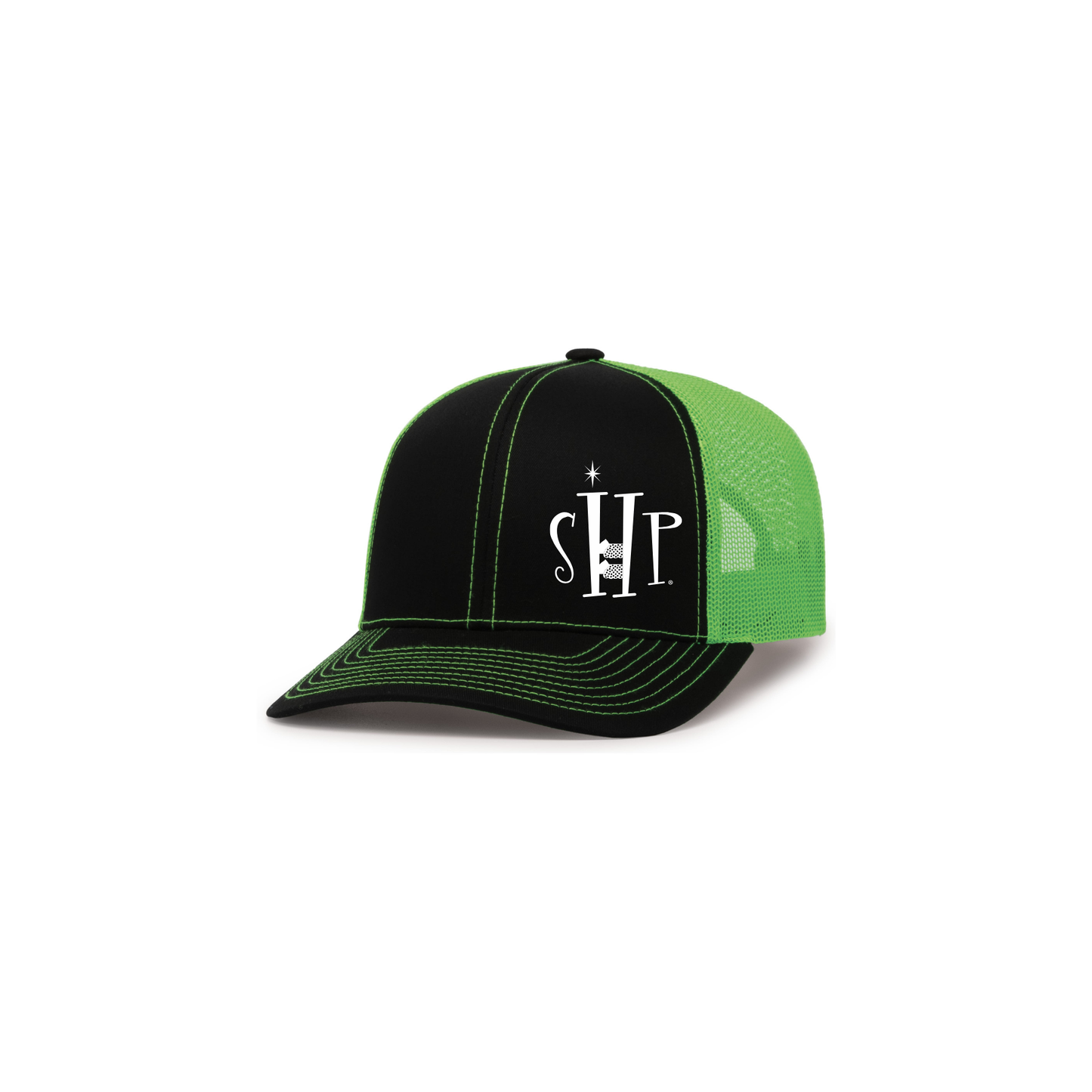 Trucker Snapback Hat w/ Embroidery (BLACK/NEON GREEN) - SHP Logo