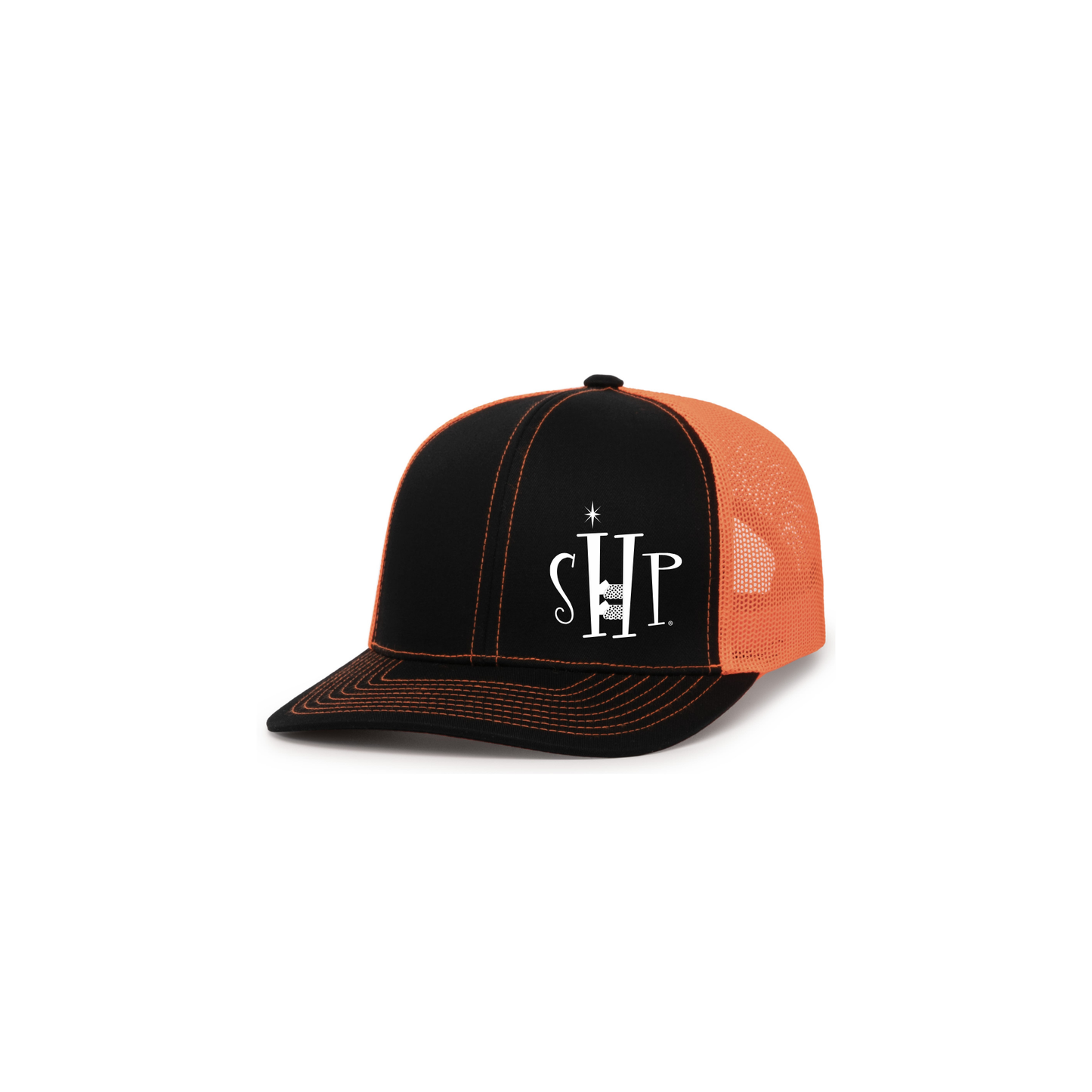 Trucker Snapback Hat (BLACK/NEON ORANGE) w/ Embroidery - SHP Logo