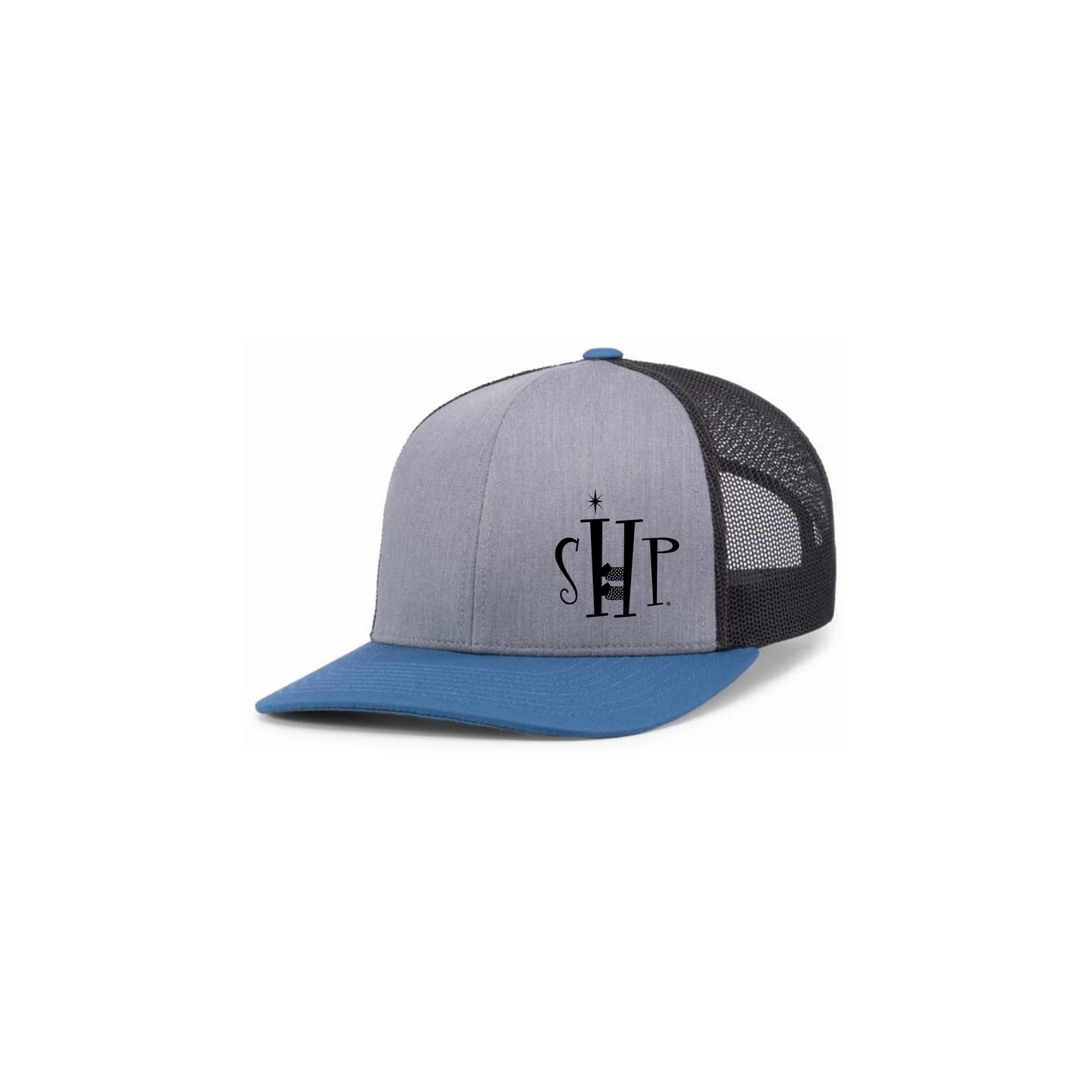 Trucker Snapback Hat w/ Embroidery (OCEAN BLUE/HEATHERY GREY) - SHP Logo