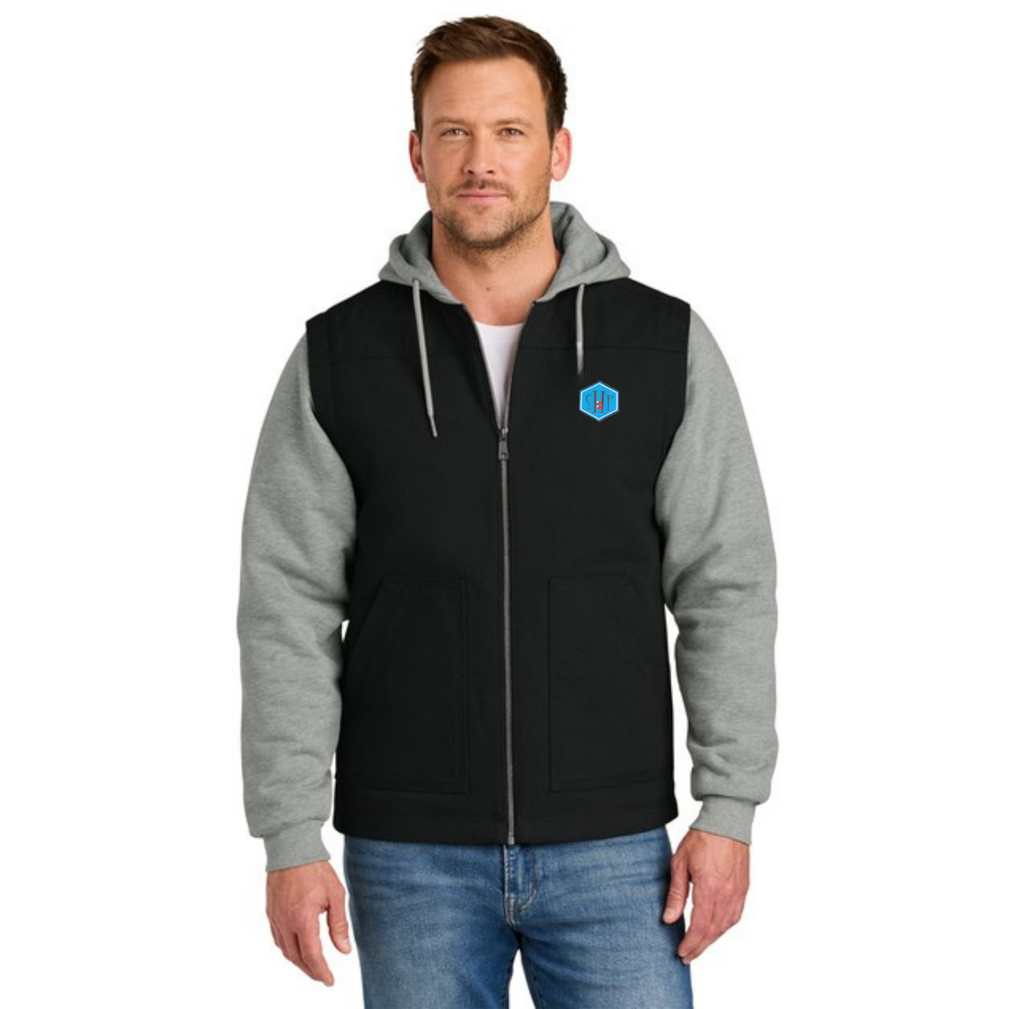 Full Zip - CornerStone Duck Fleece Hooded Jacket (BLACK/HEATHER GREY)