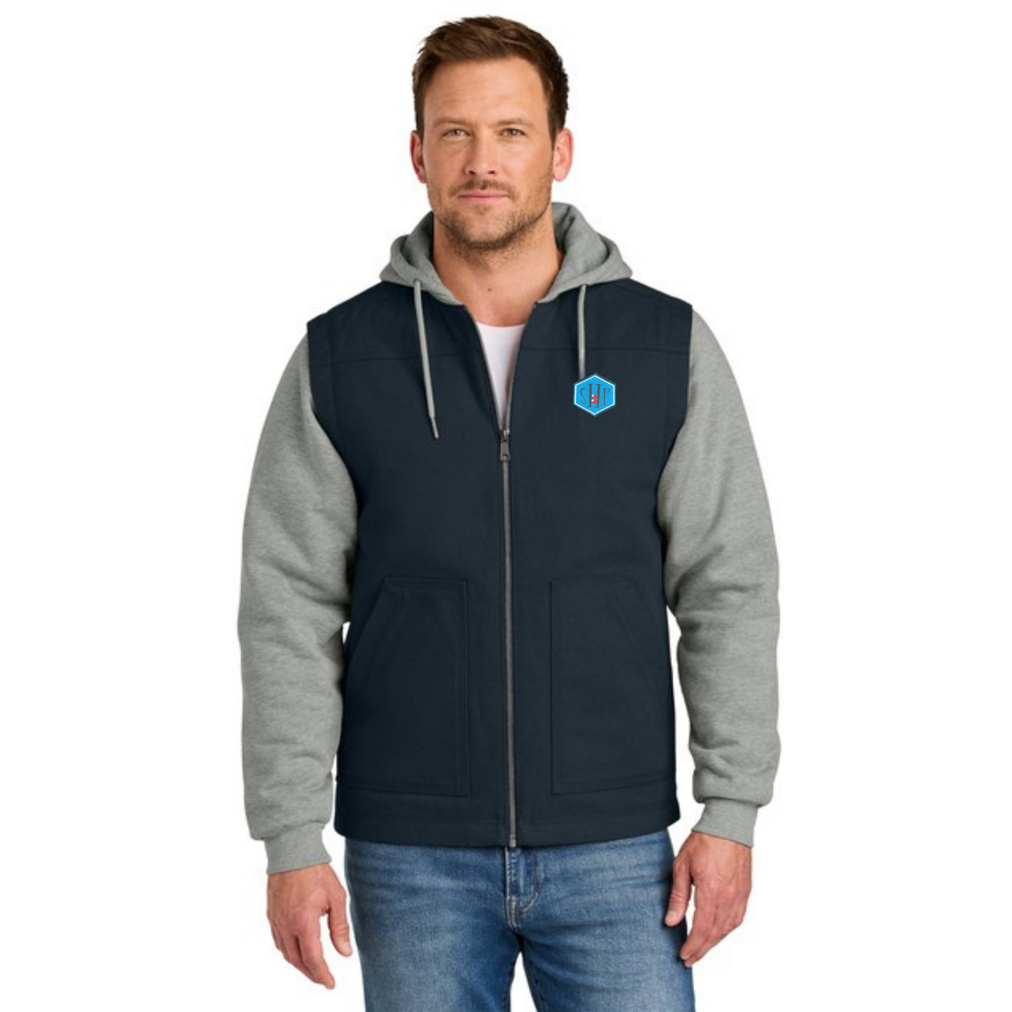 Full Zip - CornerStone Duck Fleece Hooded Jacket (NAVY/HEATHER GREY)